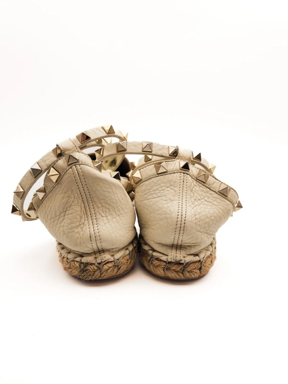 Valentino Garavani Rockstud Ivory Leather Espadrille Ankle Strap Flats EU 39